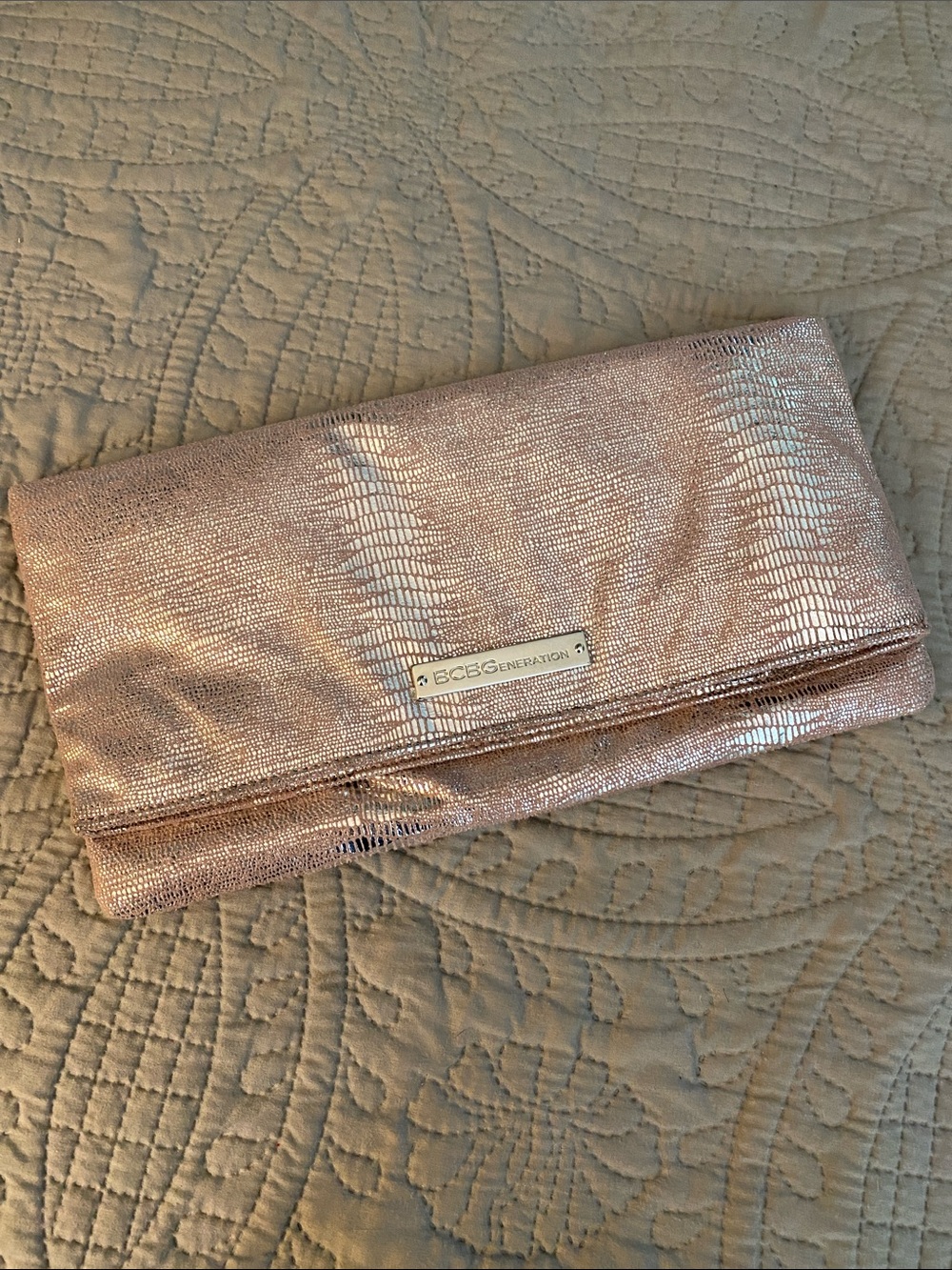 BCBGMaxAzria Metallic Rose Gold Foldover Clutch